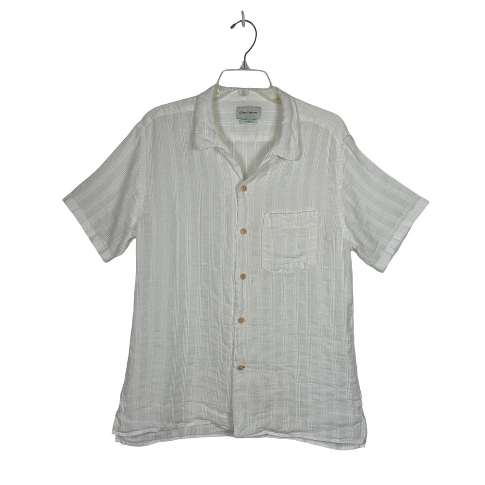 Oliver Spencer Linen Button Down Shirt Mens XL White Striped Casual Summer Beach